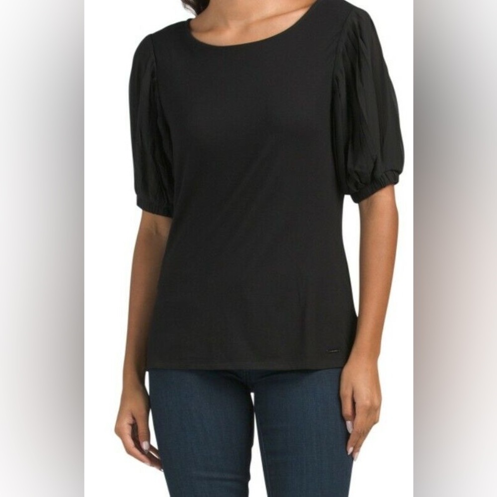 Tahari Women's Pleated Elbow Chiffon Sleeve Blouse Shirt Gray Size S Small
